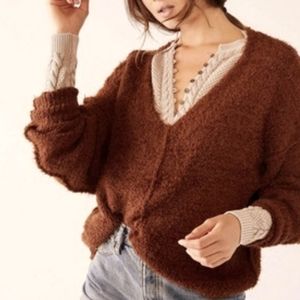 Free People Mocha Java Brown V-Neck Pullover Sweater XS Oversized Fits Medium
